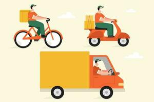 Flat illustration of couriers with face mask riding bicycle, scooter, and driving delivery truck. Different vehicle elements isolated on beige background. vector