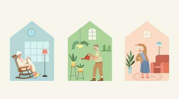 Senior people doing different activities at home at weekend. Flat illustration. vector