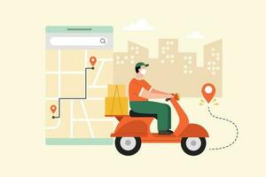 Flat illustration of male delivery person with face mask riding scooter in front of mobile screen, with map and cityscape in background. vector