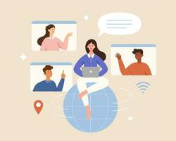 Woman sitting on globe and making a video call with customers. Flat illustration, concept of digital nomad, freelancer or virtual office. vector