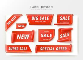 Set of 3D tags and ribbon banner in various shapes with yellow border, realistic discount red tag for sale promotion, special offer or new products vector