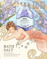 IRIS bath salt ads on mucha art style background, woman side lying with purple flowers vector