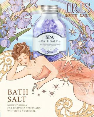 IRIS bath salt ads on mucha art style background, woman side lying with purple flowers