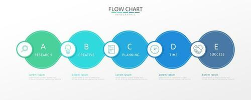 Infographic flow chart template, round elements connected with icons in horizontal row, can be used foe business presentation vector