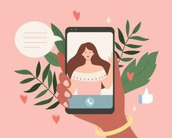 Flat illustration of a female hand holding mobile phone and making a video call with best friend. vector