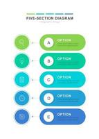 cinco sección diagrama infografía, cinco pasos elemento arreglado verticalmente con íconos vector