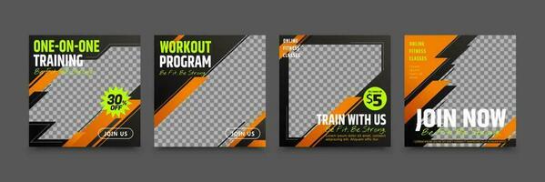 Modern social media template design with black, orange background color, and neon green text, suitable for fitness, workout program brand building or promotion vector