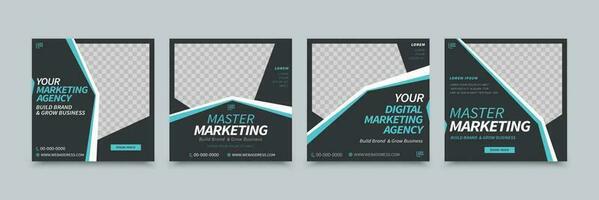 A set of social media template design with black background colors and blue strips to create geometric shapes, suitable for brand building or promotion vector