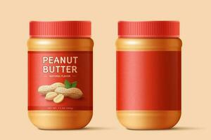 Peanut butter spread bottles mockup template with blank label in 3d illustration over beige background vector