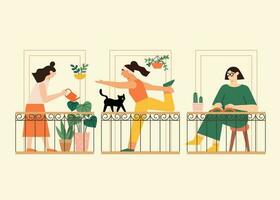 Set of female doing different activities on their apartment balcony, including watering plants, doing workout and reading a book. Flat illustration. vector