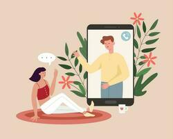 Flat illustration of woman sitting at home and talking with a friend through video call. Concept of online dating. vector