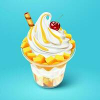 Delicious mango sundae isolated on blue background in 3d illustration vector