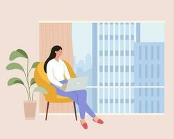 mujer sentado cómodamente en Sillón y trabajando en ordenador portátil a hogar, plano ilustración de mujer trabajando a hogar. Lanza libre o trabajo desde hogar concepto. vector