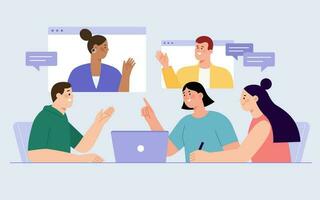 Flat illustration of modern business conference. Group of people having on site meeting with two colleagues remotely discussing via video call. vector