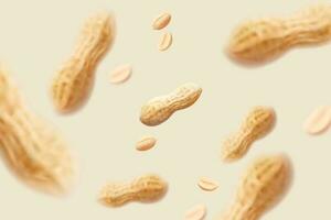 Peanuts and nut pods falling on beige background in 3d illustration, used for design element vector