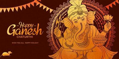 Happy Ganesh Chaturthi banner design in golden color vector
