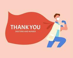 Thank you banner for doctors and nurses during COVID-19 pandemic. Medical professional wearing face mask and gloves carrying a sack full of thank you from people. Flat illustration. vector