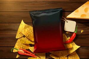 Delicious cheese tortilla chips with blank foil bag on wooden table in 3d illustration vector