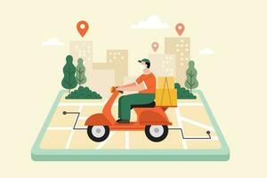 Flat illustration of courier riding a scooter on a GPS map displayed on digital tablet. Express delivery service app. vector