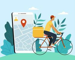 Flat illustration of tracking courier by gps map application on mobile phone. Concept of food delivery service by bicycle. vector