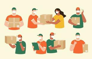 Set of professional couriers wearing face mask and delivering cardboard boxes safely. Career collection isolated on beige background. vector