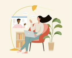 Woman using laptop at home and making video call with another person. Flat illustration, concept of work from home, freelancing or online tutor class. vector