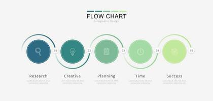 Simple flow chart infographic wave design with icons and multicolored five options vector