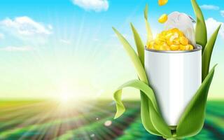 Kernel corn can ads in 3d illustration on bokeh green field background vector