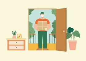 Flat illustration of a delivery man with face mask standing at front door of a house. Home delivery of online shopping goods during pandemic. vector