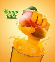Mango juice ads with liquid hand grabbing fruit effect from glass cup in 3d illustration vector