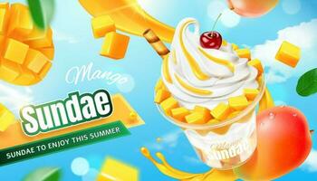 Delicious mango sundae ads with fresh fruit flying in the air in 3d illustration vector