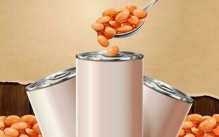 Baked beans blank tin with ingredients in 3d illustration on torn paper and wooden plate vector