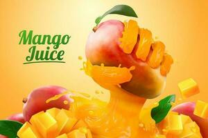 Mango juice ads with liquid hand grabbing fruit effect in 3d illustration vector