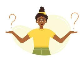 Young black woman thinking and making choice. Girl in glasses solving problem, making decision and doubting. Vector illustration in flat cartoon style