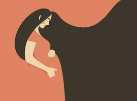 joven hermosa embarazada mujer con largo pelo abrazos su barriga. plano dibujos animados vector personaje. concepto de el embarazo y maternidad Perfecto para bandera o póster