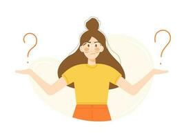 Thinking young girl in glasses solving problem and doubting surrounded by question mark. Flat cartoon vector character