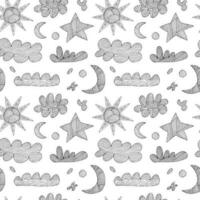 Vector weather elements doodle pattern. Clouds, sun, stars and moon seamless pattern