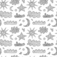 Vector weather elements doodle pattern. Clouds, sun, stars and moon seamless pattern