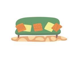 Vector interior illustration with green sofa and cushions. Flat style cosy sofa illustration