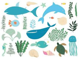 Vector sea animals and plants set. Shark, dolphin, whale, globefish, angler fish, jellyfish and turtle set