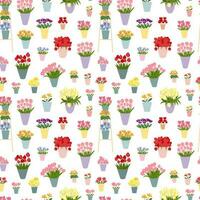 Vector different flowers bouquets seamelss pattern. Flat flowers in vases pattern. Tulips. roses, daffodils and irises