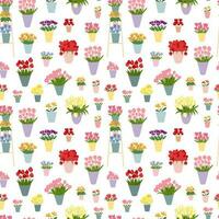 Vector different flowers bouquets seamelss pattern. Flat flowers in vases pattern. Tulips. roses, daffodils and irises