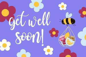 Vector get well soon poster with a bee carrying a bag with honey and jam.