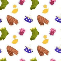 Cozy seamless vector pattern with socks, scarf, jar of jam, hot tea and lemon. Fall mood pattern.