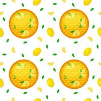 Seamless pattern with whole homemade lemon pie and lemons. Dessert ready to eat. Concept of National pie day or Thanksgiving day for web, menu, wrapping, textile, background, fabric, cloth, wallpaper vector