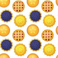 Seamless pattern with whole homemade pies with lemons, blueberries, apples, strawberries or raspberries. Concept of National pie day or Thanksgiving day. Backdrop for web, wrapping, textile, wallpaper vector