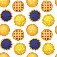 Seamless pattern with whole homemade pies with lemons, blueberries, apples, strawberries or raspberries. Concept of National pie day or Thanksgiving day. Backdrop for web, wrapping, textile, wallpaper vector