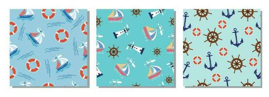 Three seamless nautical patterns. Nautical theme vector. Sea. vector