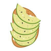 Avocado toast. Crispy white bread with curd cheese and slices of ripe avocado. Delicious breakfast sandwich garnished with sesame and seasoning. Healthy snack. Flat vector illustration.