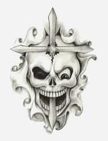 Surreal skull mix cross.Hand drawing and make graphic vector. vector